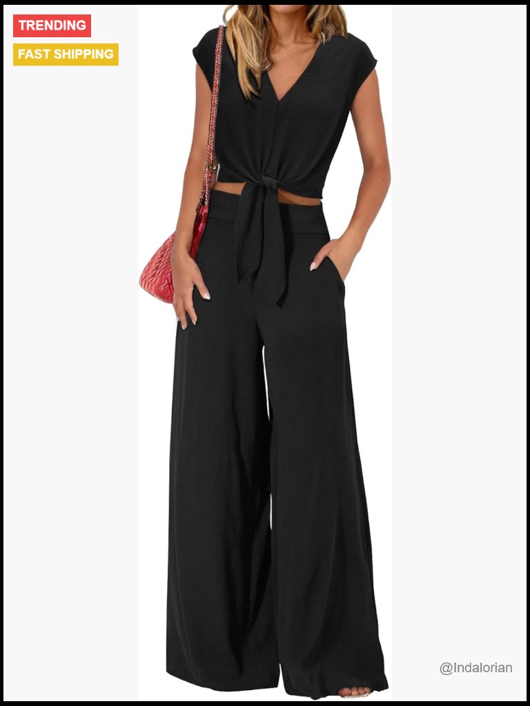 Cap Sleeve V Neck Crop Top Wide Leg Pant 2 Piece Set Tracksuit